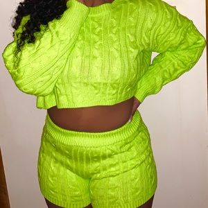 Green Knit Sweater Short Lounge Set Outfit